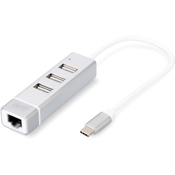 HUB USB 2.0, 3 porturi, Type C, port LAN, Digitus HUB USB 2.0, 3 porturi, Type C, port LAN, Digitus