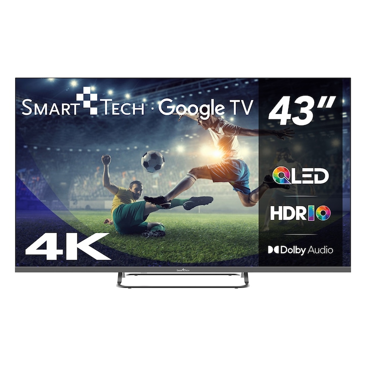 Smart Tech 43QG02V, 43" (109 cm) QLED Google Televízió, 4K UHD LED TV, 2G/8G, Wi-Fi, Bluetooth, DVB-T2/C/S2, Netflix, YouTube, Amazon Prime, Dolby Audio,, Disney+, Paramount+