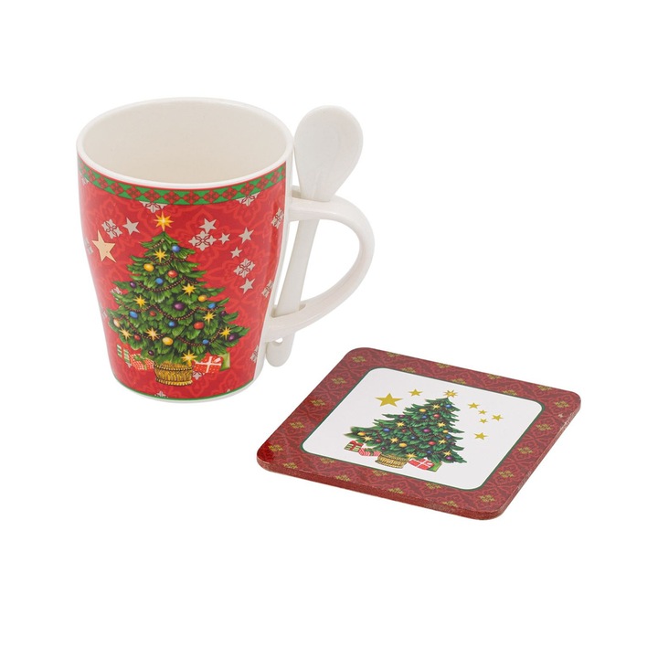 Set cana Craciun, cu linguita si suport, Brad de Craciun, Housevetta, portelan New Bone, 300 ml