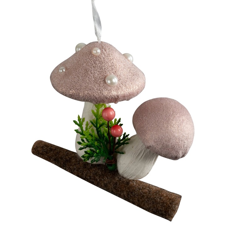 Ornament de Craciun ciuperci pe o crenguta 9 x 7 x 10 cm Eurofirany roz