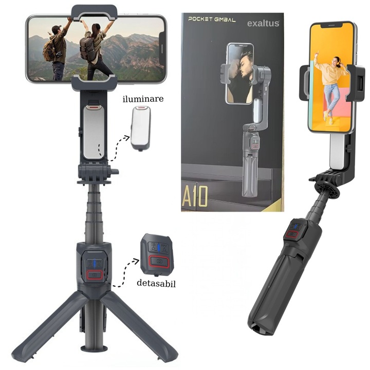 Стабилизатор за телефон и GoPro, Exaltus, приложение (Android/IOS), Bluetooth, регулируем, проследяване на обекти, автоматично проследяване на лица, анти-шейк, FPV режим, 3 режима на осветление, дистанционно управление, разтегателно рамо 36,9 cm, статив