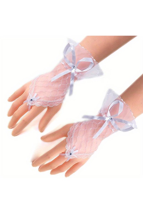 Manusi dama, scurte, prindere pe un deget, accesorizate cu fundinte delicate, model minimalist, tematica fashion style, marime universala, albe, EFAYN