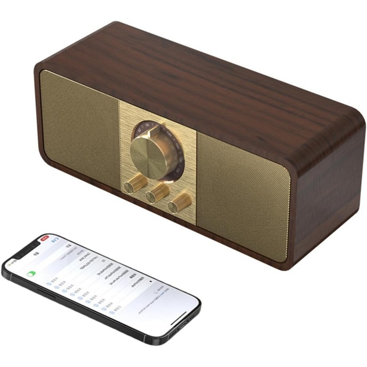 RorAem hordozható rádió, 8W, 1800mAh, fa, vezeték nélküli kapcsolat, FM rádió