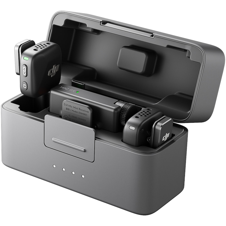 Комплект DJI MIC Mini, 2 x Микрофон, 1 x Приемник, 1 x Станция за зареждане, Wireless, Omnidirectional, Обхват на действие 400 м, Noise Canceling