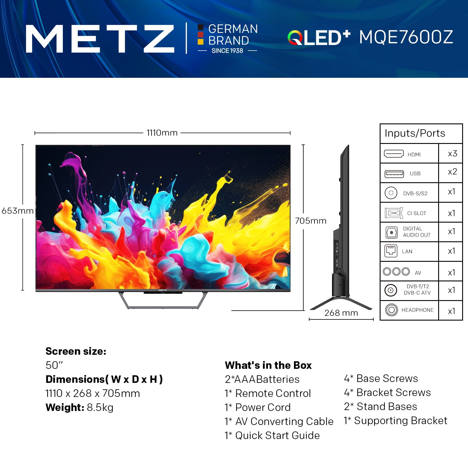 Televizor METZ QLED 50MQE7600, 126 cm, Smart Google TV, 4K Ultra HD, Clasa F