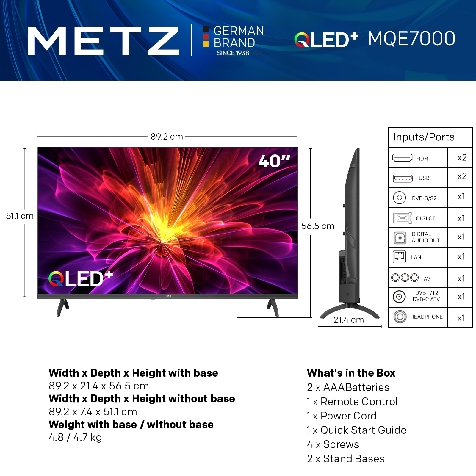 Televizor METZ QLED 40MQE7000, 100 cm, Smart Google TV, Full HD, Clasa E