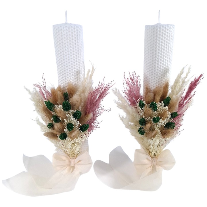 Комплект от 2 сватбени свещи от естествен восък, декорирани с пампаси и сухи естествени цветя, 35 см, бели