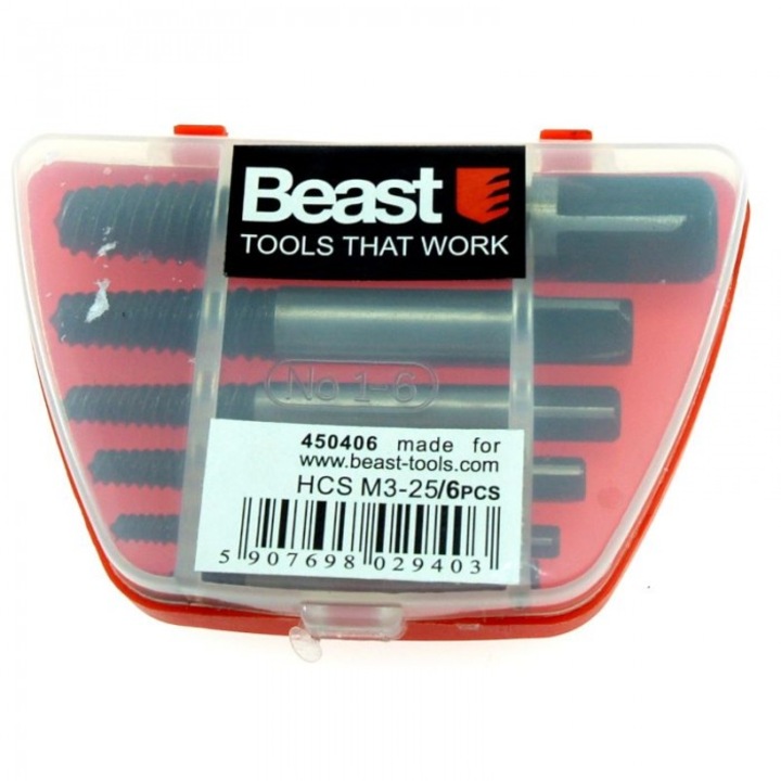 Beast, 6 db-os elszívó készlet 3-25 mm-es törött csavarokhoz, műanyag doboz