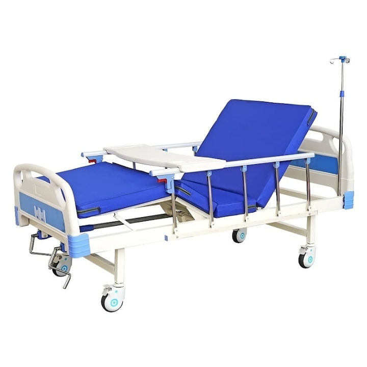 Pat spital manual cu 2 functii, cu saltea si stativ perfuzii inclus MaxiBuy® – panouri ABS, laterale aluminiu, roti silentioase