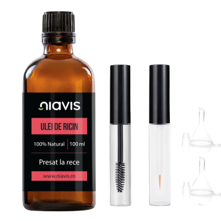 Set pentru cresterea Sprancenelor si a genelor Ulei de Ricin Niavis, Natural, uz cosmetic, pentru ingrijirea pielii si parului, 100 ml, Contine 2 Recipiente cu Aplicator si 2 palnii de Umplere