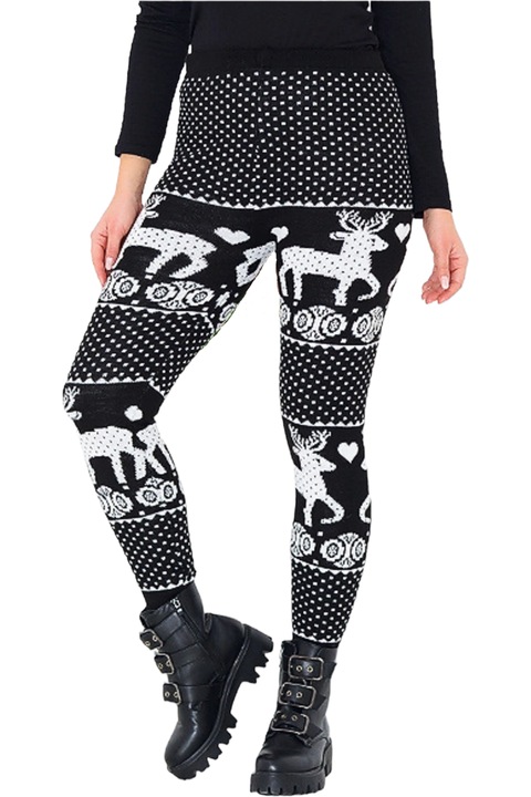 Colanti tricotati, StarFashion, grosi pentru iarna, model Craciun, Negru