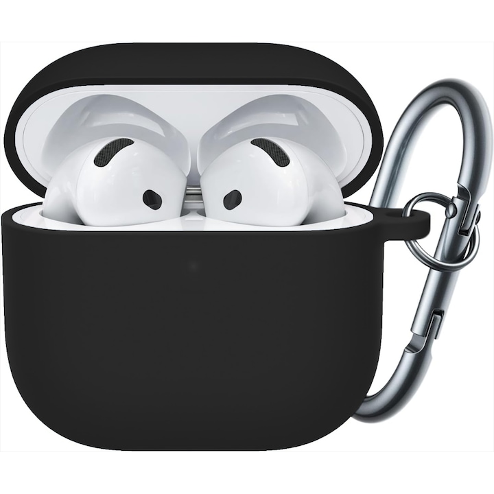 Husa Silicon Protectie compatibila cu AirPods 4 CASEY STUDIOS™, din Silicon Moale, cu Breloc Carabina, Incarcare Wireless, Negru