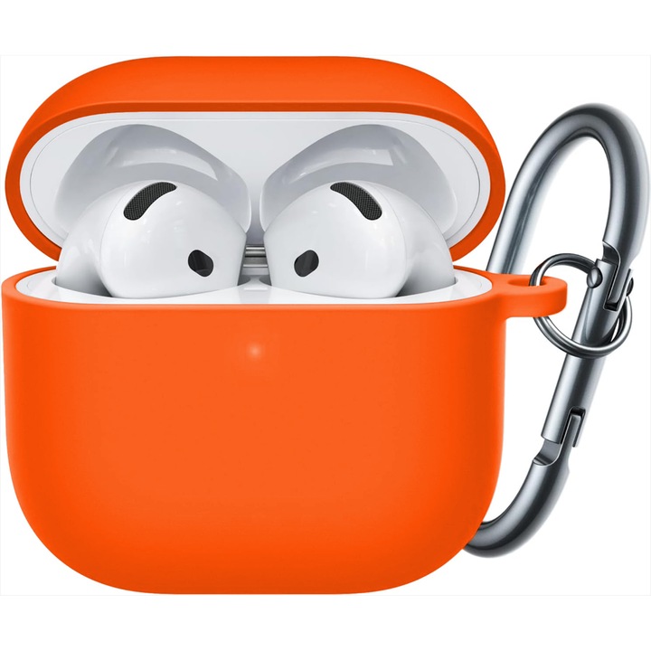 Szilikon védőtok AirPods 4 CASEY STUDIOS™ kompatibilis, puha szilikonból, karabineres kulcstartóval, narancssárga