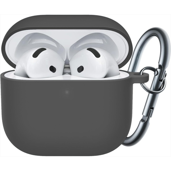 Husa Silicon Protectie compatibila cu AirPods 4 CASEY STUDIOS™, din Silicon Moale, cu Breloc Carabina, Incarcare Wireless, Dark Grey