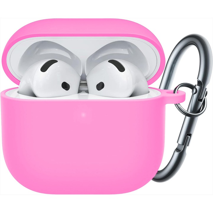 Husa Silicon Protectie compatibila cu AirPods 4 CASEY STUDIOS™, din Silicon Moale, cu Breloc Carabina, Incarcare Wireless, Roz