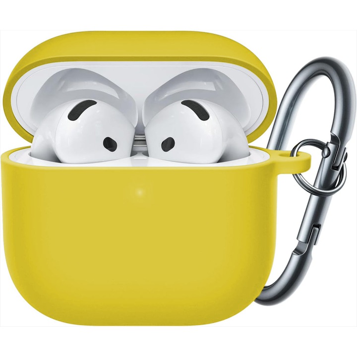Husa Silicon Protectie compatibila cu AirPods 4 CASEY STUDIOS™, din Silicon Moale, cu Breloc Carabina, Incarcare Wireless, Galben