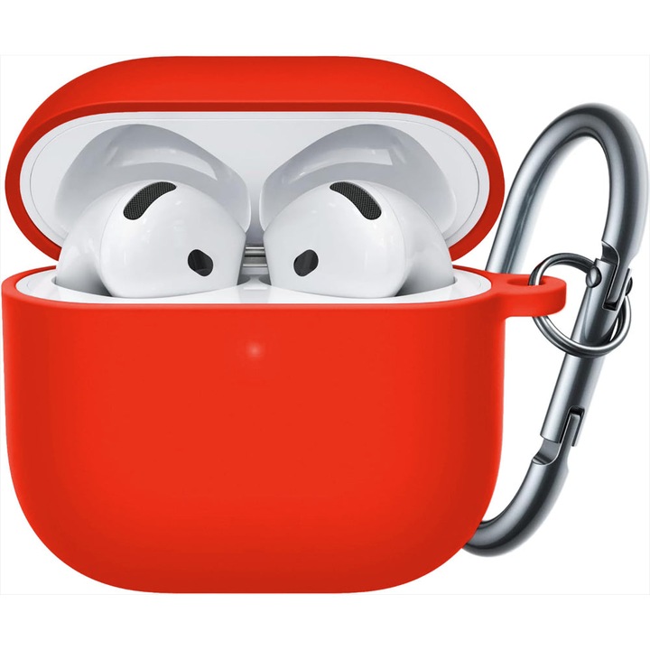 Husa Silicon Protectie compatibila cu AirPods 4 CASEY STUDIOS™, din Silicon Moale, cu Breloc Carabina, Incarcare Wireless, Rosu