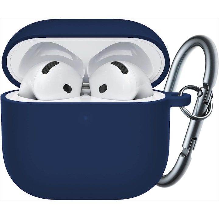 Husa Silicon Protectie compatibila cu AirPods 4 CASEY STUDIOS™, din Silicon Moale, cu Breloc Carabina, Incarcare Wireless, Midnight Blue