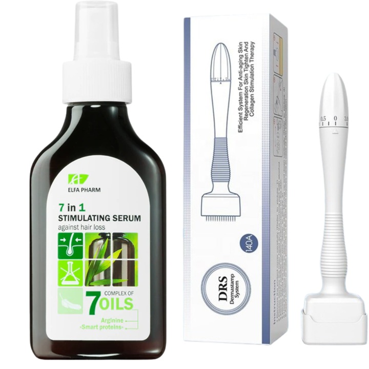 Set Ser Stimulator Elfa Pharm 7 in 1 impotriva Caderii Parului si Dermastamp cu Dimensiuni Reglabile - Tratament Complet pentru Regenerarea si Intarirea Parului