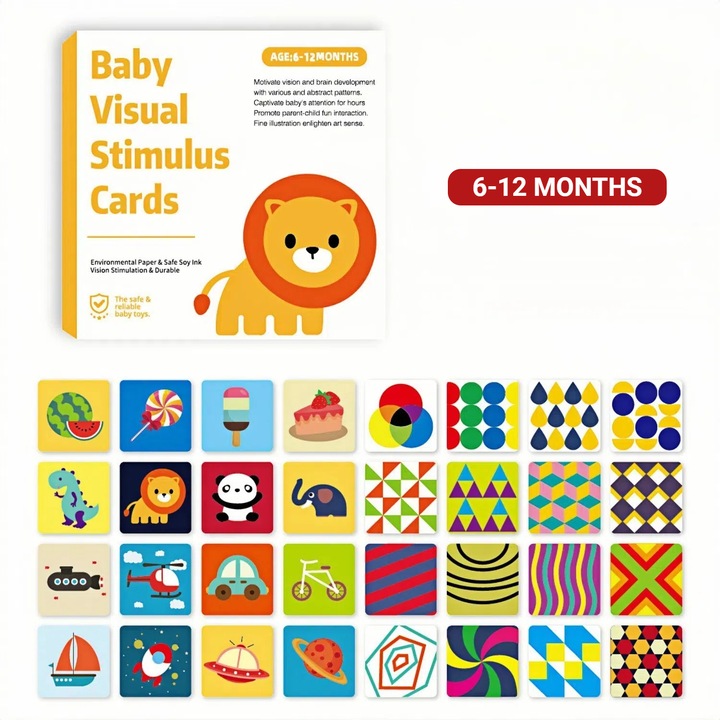 Set 16 cartonase de stimulare vizuala pentru bebelusi, culori multiple, 6-12 luni