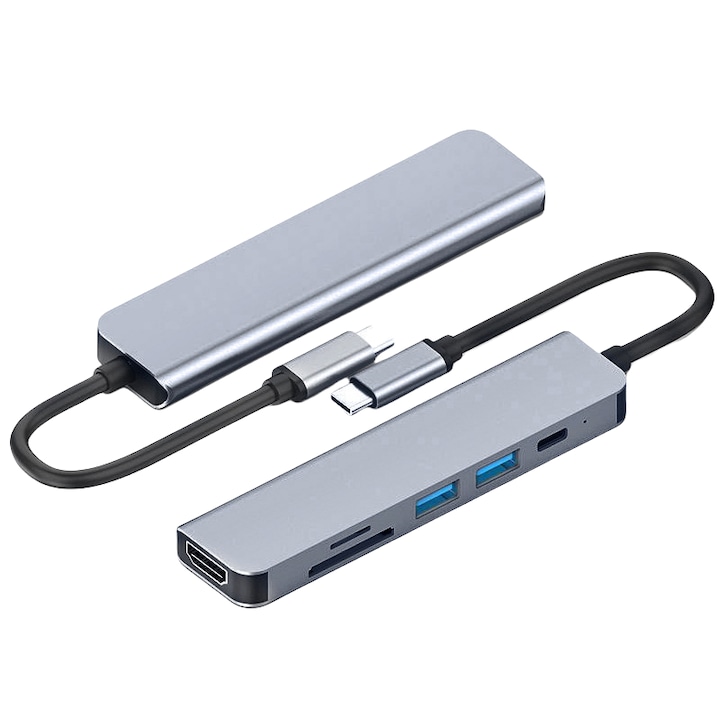 Statie de andocare multifunctionala, hub 6-in-1, computer 4K HDTV, interfata USB, TF/SD, PD de incarcare rapida de 87 W, 5 Gbps, compact si portabil, argintiu