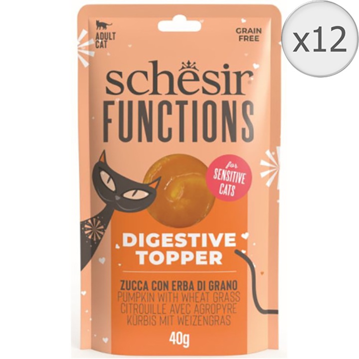 Hrana umeda pentru pisici, Schesir Function Topper, Digestion, cu Dovleac/Iarba de grau, 12x40 g