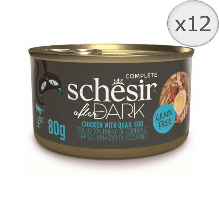 Hrana umeda pentru pisici, Schesir After Dark, supa cu Pui si oua de Prepelita, 12x80 g