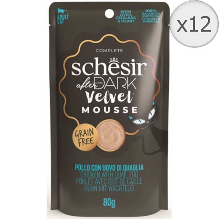 Hrana umeda pentru pisici, Schesir After Dark Plic, mousse cu Pui si Ou de Prepelita, 12x80 g