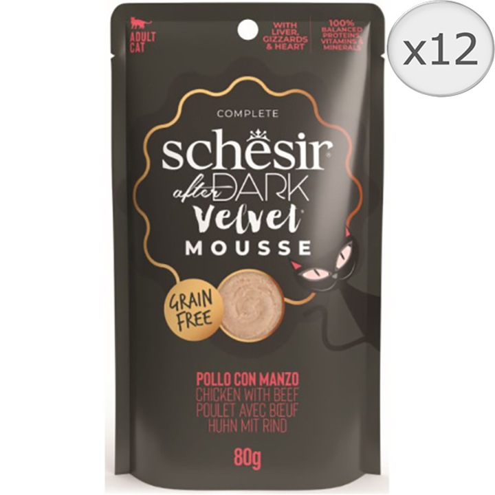 Hrana umeda pentru pisici, Schesir After Dark Plic, mousse cu Pui si Vita, 12x80 g