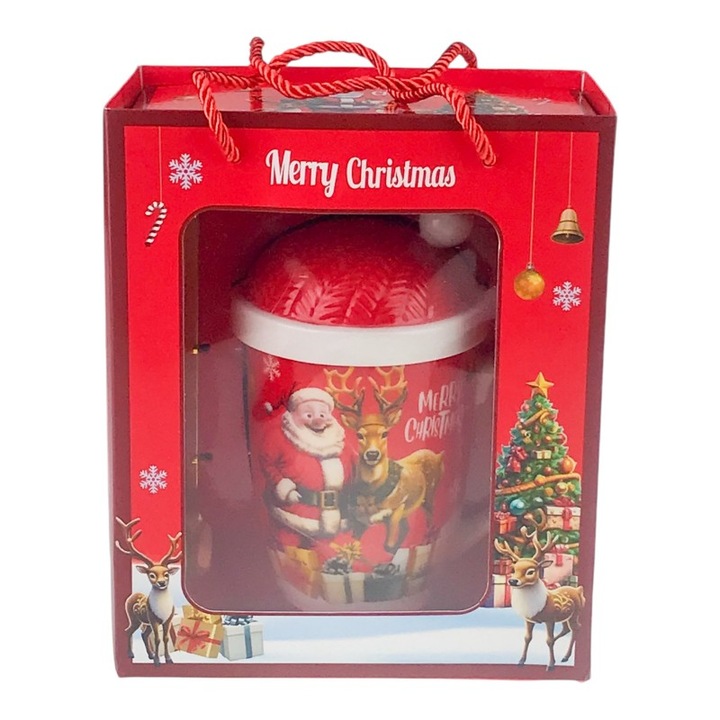 Cana din ceramica cu lingurita metalica si capac in forma de caciulita cu mot si imagini de Craciun.17x21 cm M1