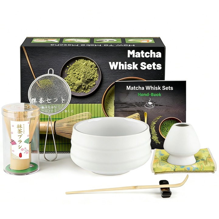Set pentru Ceai Matcha, Set ceai Matcha 7 piese, Bol pentru Matcha, Suport pentru tel, Lingurita din Bambus, Stand pentru lingurita, Panza de Ceai Din Bumbac, Suport pentru tel Cerami, Sita, Ambalaj Cadou, Alb
