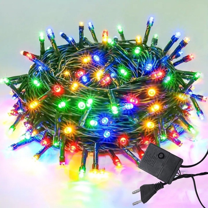 Instalatie de craciun LED, NEXTLY, pentru interior si exterior, lumina multicolora, 100 leduri, 10m lungime, tip sir, flexibila, 8 jocuri de lumina, rezistenta la apa si inghet, pentru brad, casa, pomi, alimentare 220v, fir verde