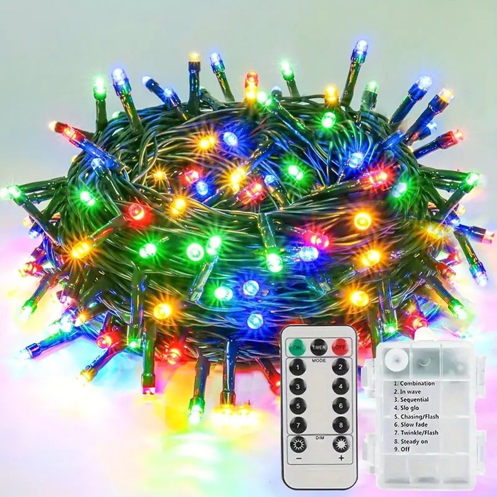 Instalatie de craciun LED cu baterii, telecomanda, NEXTLY, pentru interior si exterior, lumina multicolora, 50 leduri, 5m lungime, tip sir, flexibila, 8 jocuri de lumina, rezistenta la apa si inghet, pentru brad, casa, pomi, alimentare 3xAA, fir verde