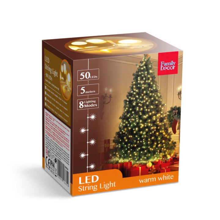 Instalatie de Craciun 50 LED 5M, alb cald - 8 programe