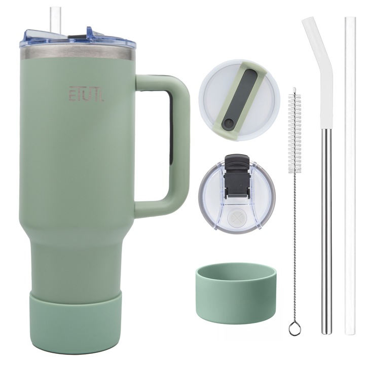 Etuti® termosz hőszigetelt poharas bögre meleg és hideg italokhoz, 8 óra meleg és akár 12 óra hideg, 1,2 literes, 2 fedő, 2 szívószál, szilikon ecset és tartó, mentazöld