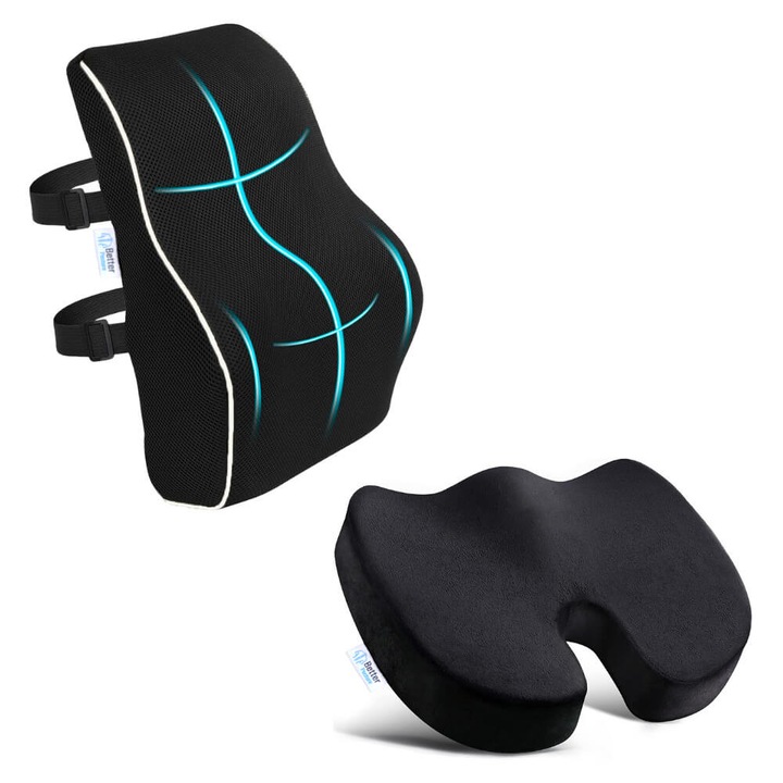 Pachet perna ortopedica pentru sezut din spuma cu memorie Better Posture Pro si perna lombara pentru birou sau automobil din spuma cu memorie Better Posture Pro, Greutate peste 80kg