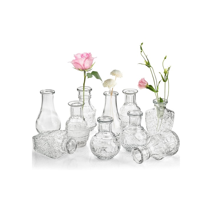 Delpi kisméretű dekoratív üvegváza készlet, különálló modellek, átlátszó, 11-15,2 cm x 4-6 cm, 10 db