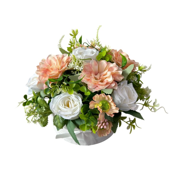 Aranjament floral cu flori artificiale, 24x17 cm, Dady, din trandafiri albi si dalii somon, in cutie alba din carton
