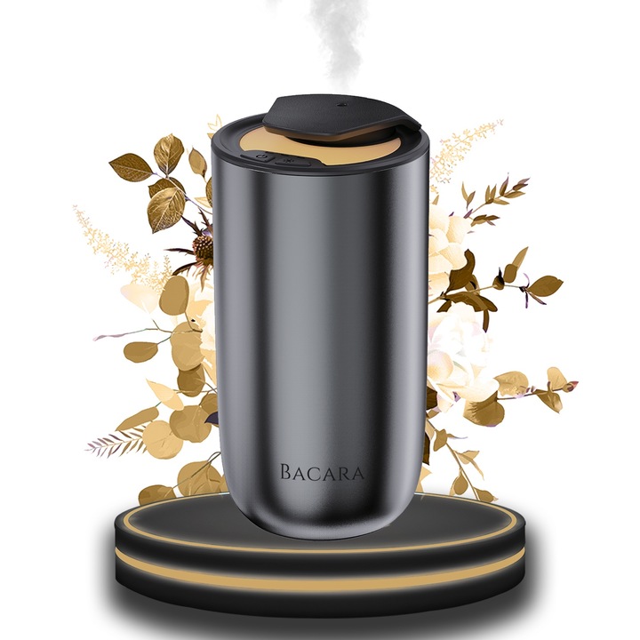 Autós diffúzor Bacara® K1 pohártartó illattal, 15 ml, ON/OFF érzékelővel, aero-minőségű alumíniummal, környezeti világítással, USB-C-vel és akkumulátorral - ezüst