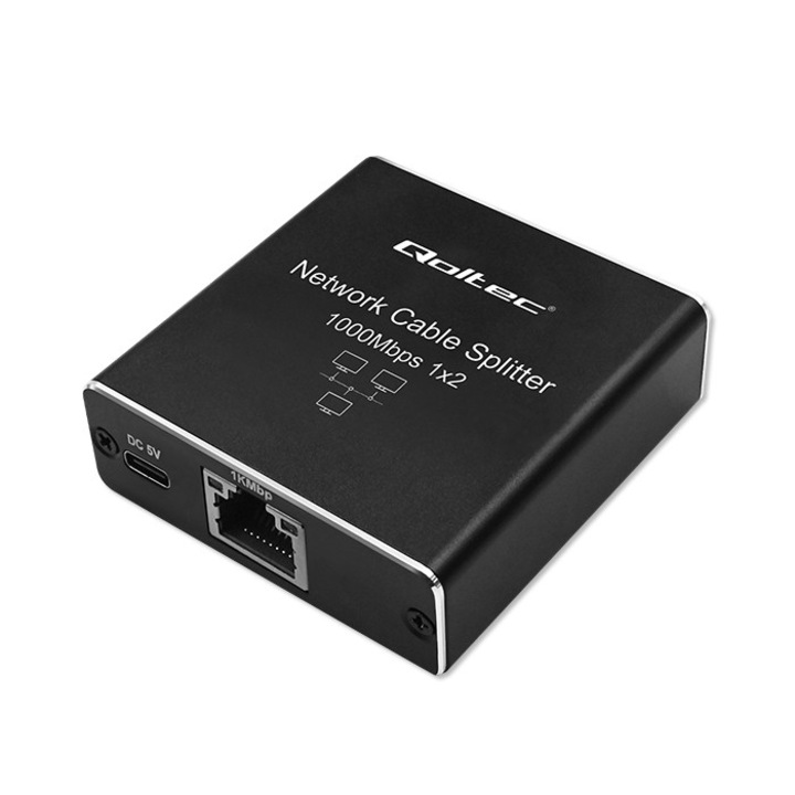 Switch mini, Qoltec, RJ45 port, 1000 Mbps, USB-C, alumínium, kábel 0, 90 m, 57 x 55 x 20 mm, 1 Gbps, hatótávolság 100 m-ig, gyors telepítés, LED jelzőfények, fekete