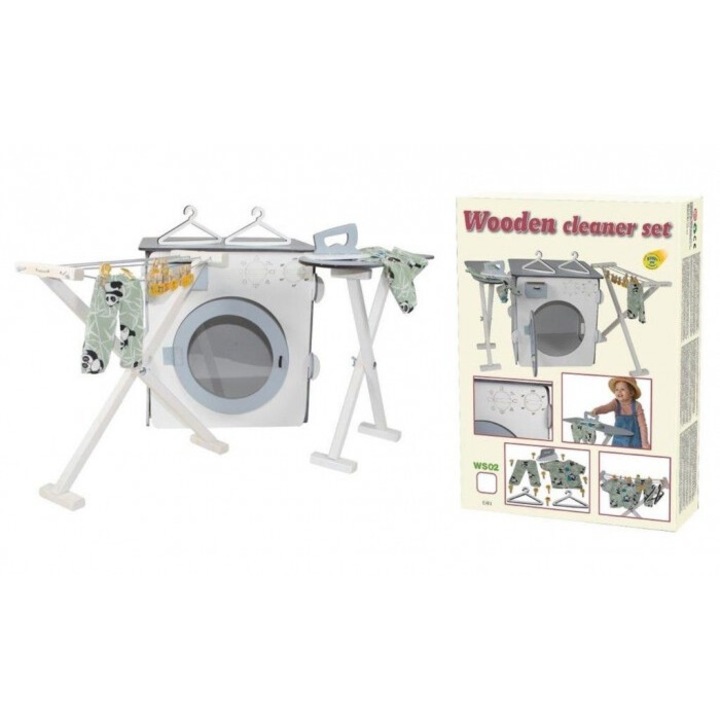 Set de jucarii pentru spalat, 3toysm, masina de spalat, uscator, masa de calcat, haine, alb