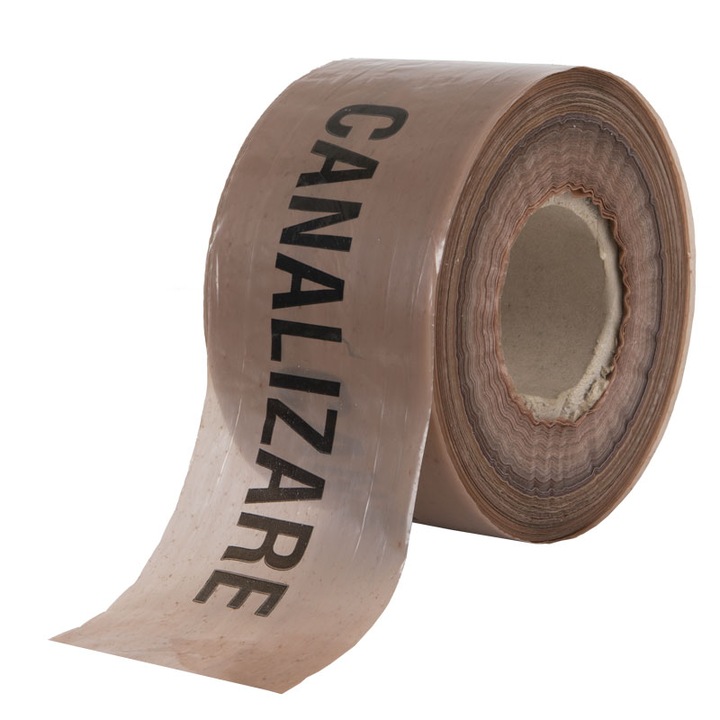 Banda de avertizare conducte subterane insctiptionata cu textul CANALIZARE, 100mm x 500M, 0, 45 micromi, polietilena