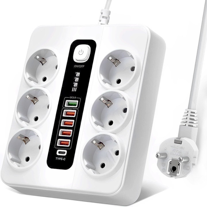 Удължителен кабел, BYONDSELF®, 3000W, 2M, 6 контакта, 1 USB C, 5 USB A, защита от деца, подходящ за дома и офиса, бял