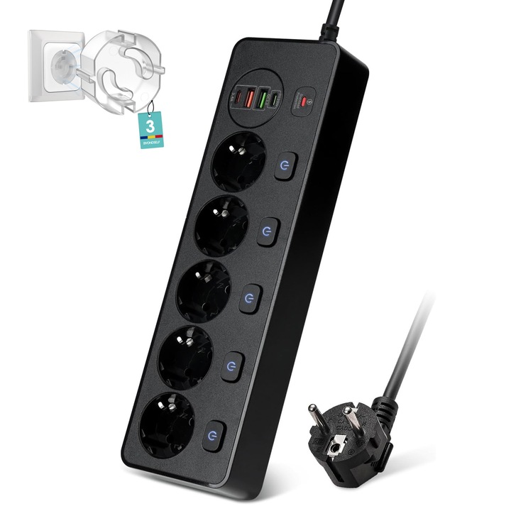 Prelungitor, BYONDSELF®, 3250W, PD 20W, 5 Prize, 2 USB C/2 USB A, 2M, cu 3 Capace de Protectie pentru Prize, Potrivit pentru Birou si Acasa, Negru