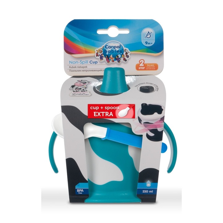 Canita anti-varsare Haberman „Vacuta“, Canpol babies®, 250 ml, cu lingurita flexibila, ALBASTRU