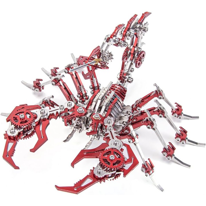 3D mechanikus puzzle, Wurdan, Scorpion DYI modell, 400+ darab, fém, 18x17x11 cm, felnőtteknek és 14 év feletti gyerekeknek, piros
