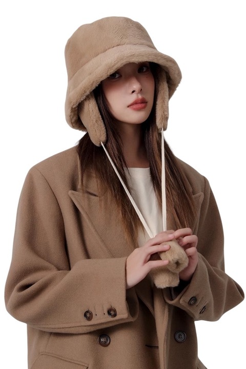 Caciula dama, model tip palarie cu acoperitori pentru urechi si prindere reglabila sub barbie, tematica cool and cute, marime universala, maro, EFAYN