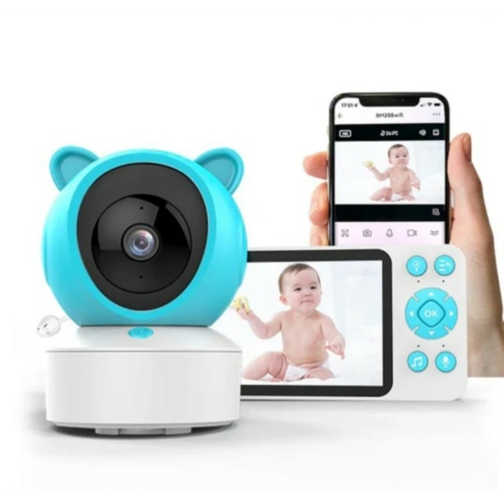 Baby monitor, 2 in 1, ecran HD 5 INCH, IPS, compatibil cu aplicatie smarthphone, WIFI, camera 2MP, baterie 3000mAh, comunicare bi-directionala, cantece de leagan, detectarea temperaturii si umiditatii, a zgomotului