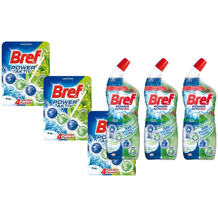 Set 6 x Bref Variety, 3 x Odorizant Wc Bile Power Aktiv 50g Pin, 3 x Power Aktiv Gel Wc Lichid 700ml Pine, fresh aroma, parfum floral, distruge calcarul, rapid si eficient, testat dermatologic, prospetime de lunga durata, eficacitate maxima