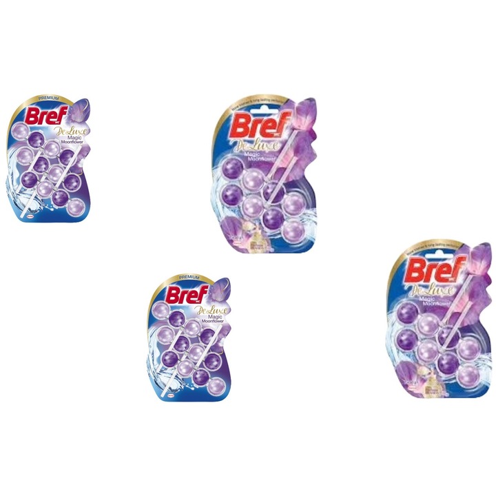 Set 4 x Bref Variety, 2 x Odorizant Wc Bile Deluxe 3x50g Moonflower, 2 x Odorizant Wc Bile Deluxe 2x50g Magic Moon Flower, fresh aroma, parfum floral, distruge calcarul, rapid si eficient, testat dermatologic, prospetime de lunga durata